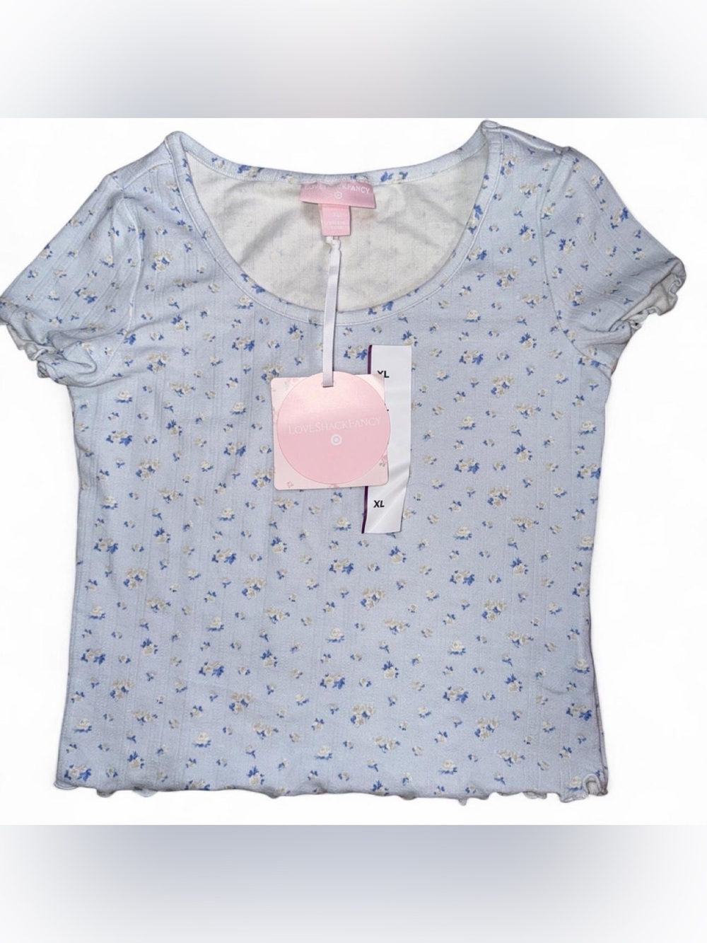LoveShackFancy Light Blue Floral Ribbed Tee